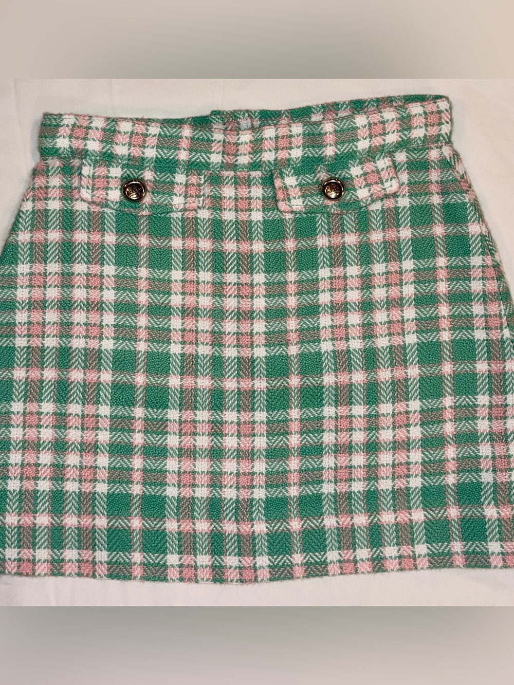 The Beaufort Bonnet Co girls Sz 7 classic green/pink plaid tweed skirt like new